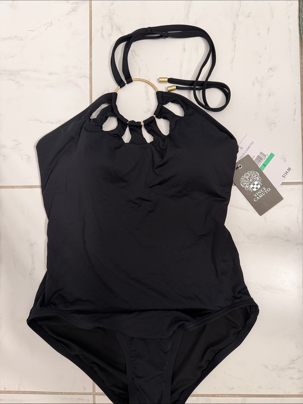 Vince Camuto Black Halter One-Piece Swimsuit with Gold Ring